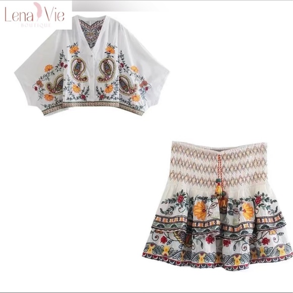 Boho Summer Embroidered Flared Kimono 2 Piece Skirt Set, Cotton Floral Koi Print - Picture 3 of 11